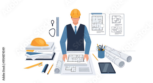 Vector illustration of engineer or architect at work with blueprints and tools