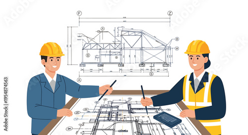Vector illustration of two construction workers planning with blueprint