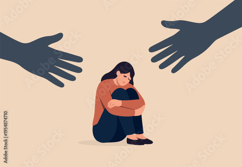 Woman abuse victim, violence or sexual harassment fear, depression or anxiety problem, social bullying or marriage suffering concept, solitude depressed woman victim sitting with abusive hands.