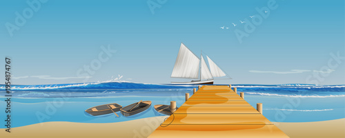 Summer Beach Landscape with Wooden Pier Sailboat and Rowboats Vector Illustration