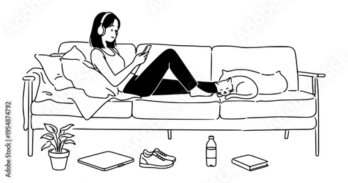 Cozy woman on sofa with sleeping cat