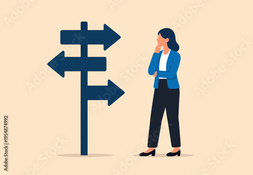 Tough decisions, choosing career path, make choices or think about final result, business directions challenge, confusion or decide options concept, businesswoman thinking and make business decisions