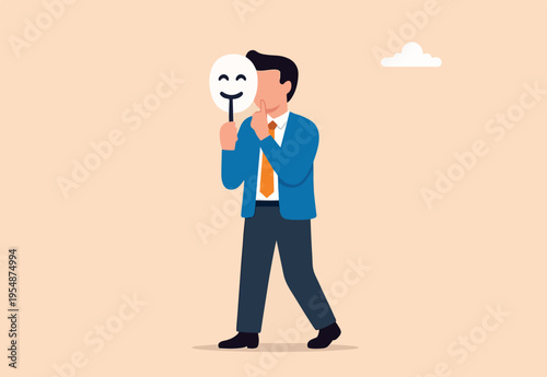 Dishonesty, lies or scam, fraud or fake hiding behind disguise mask, business cheating or suspicion false or fake news concept, dishonest businessman hiding behind disguise mask pretend to lying