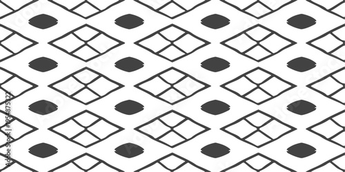 Seamless geometric pattern of black and white squares creates a blank crossword puzzle grid on a checkered chessboard tile concept for a challenging newspaper game solution