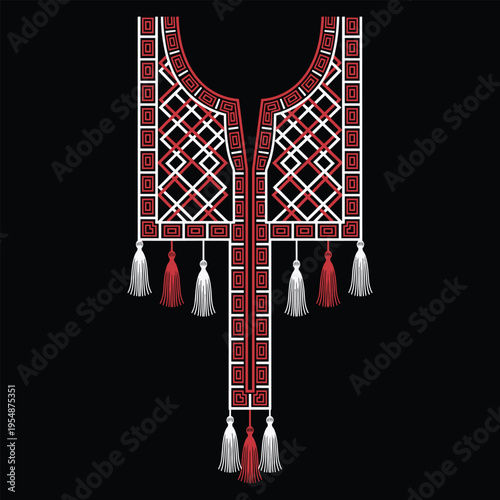Traditional ukrainian vyshyvanka style neckline embroidery design with red geometric patterns