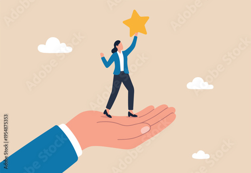 Employee success recognition, encourage and motivate best performance, cheering or honor on success or achievement concept, winning confidence businesswoman standing on big hand getting star reward