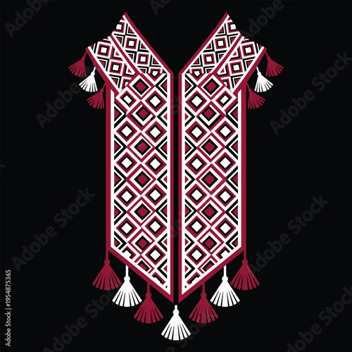 Maroon geometric embroidered neckline design with decorative hanging tassels for ethnic apparel