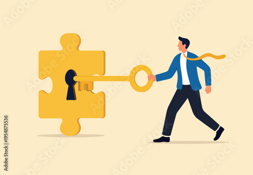 Turnkey solution complete ready to use product, open opportunity to solve customer problem, unlock potential to success, software or platform concept, businessman turn key into jigsaw puzzle keyhole