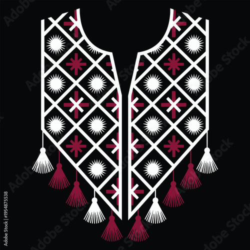 Elegant white fabric neckline design with deep maroon geometric embroidery and hanging tassels