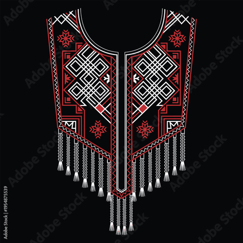 A decorative red and white geometric embroidery pattern designed for a traditional tunic neckline