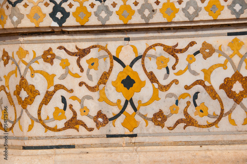 Detail of decoration and on the wall of Itmad-Ud-Daulah's tomb, Agra, Uttar Pradesh, India.
