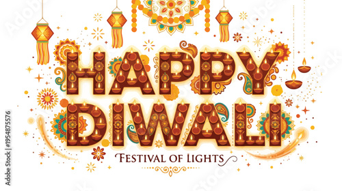 Colorful graphic design with 'HAPPY DIWALI' text and festival of lights theme against a decorative background with Indian-inspired patterns.