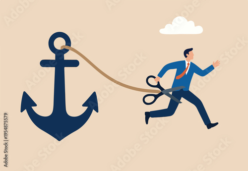 Freedom, relief or escape from bad habit, psychology anchoring effect or cut heavy burden to growing more concept, businessman using scissor to cut the rope tie himself with big heavy anchor
