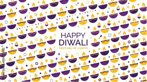 Colorful pattern of traditional Indian diyas and text 'HAPPY DIWALI' on a white background with purple, yellow and orange hues.