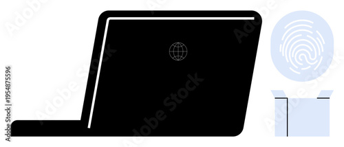 Digital security, identity verification, data protection, online privacy, authentication, remote access. Black laptop, fingerprint scanning icon. Digital security and identity verification concept