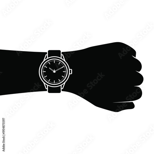 A black silhouette of a hand wearing an analog wristwatch