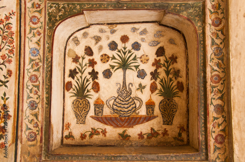 Detail of decoration and on the wall of Itmad-Ud-Daulah's tomb, Agra, Uttar Pradesh, India.