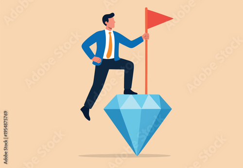 Value proposition, company value in marketing term of benefit for customer to buy product and service, quality or advantage concept, businessman holding winning flag on precious high value diamond