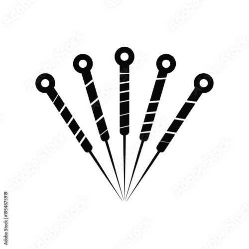 Five black acupuncture needles with striped handles arranged in a fan shape