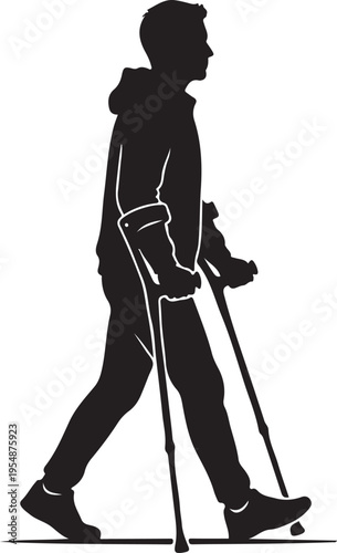 Crutches silhouette man walking with leg injury for rehab recovery concept