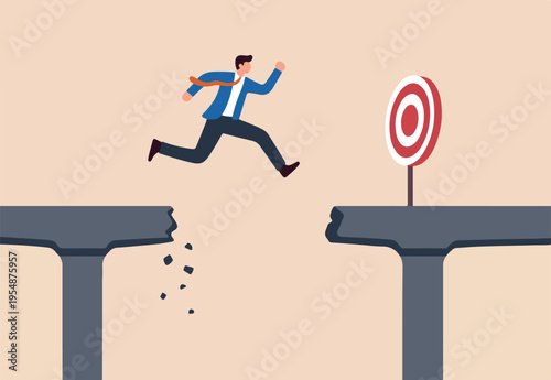 Survive and success in crisis, businessman jumping on collapse bridge to reach target.