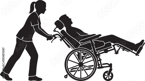Wheelchair patient transport silhouette nurse pushing hospital concept