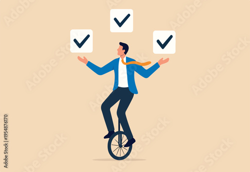 Todo list professional, business or work accomplishment, project management to track completed tasks or checklist to check for completion concept, businessman juggling checkbox on unicycle.