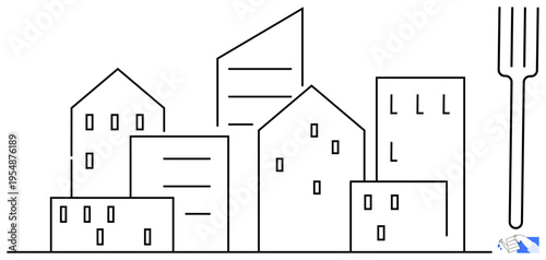 Urban lifestyle, dining culture, food services, architecture, gastronomy, modern living. Outline of buildings with a fork. Urban lifestyle and dining culture in a cityscape design