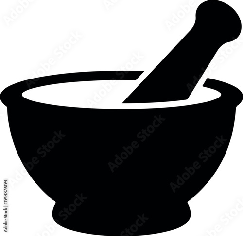 Mortar and pestle silhouette icon for pharmacy compounding in medicine