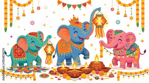 Illustration of three colorful elephants decorated with Indian-inspired ornaments and jewelry, standing around a traditional Diwali lamp arrangement with festive garlands and lights in the