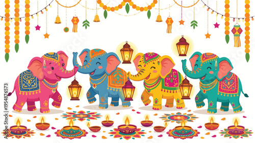 Colorful illustration of decorated elephants with hanging lanterns and flowers on a white background with vibrant Indian-inspired patterns and designs.