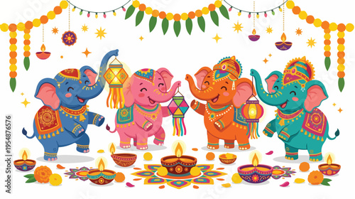 Colorful illustration of four decorated elephants standing amidst Diwali decorations and lights on a white background with festive Indian motifs.