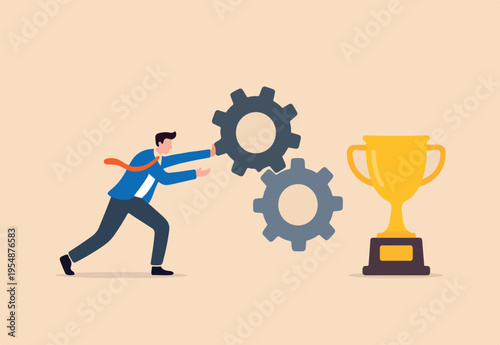 Teamwork and cooperation in a business setting, idea that working together can lead to success, collaboration or synergy concept, businessman push gear cogwheels together leading to success