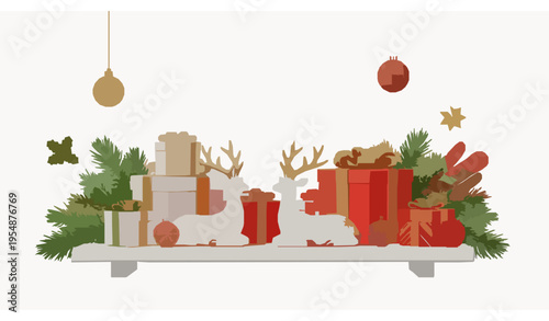 Christmas and New Year festive vector composition with 3D gold deer figurines, gifts, pine branches, and Merry Christmas text