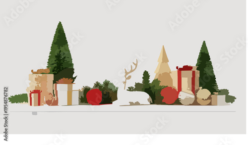 Festive Christmas New Year vector illustration with gold deer figurines, gift boxes, pine tree, ornaments, and holiday text