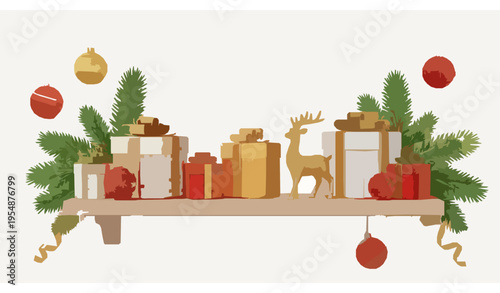 Realistic Christmas holiday vector with shelf display, gold deer figurines, gift boxes, pine tree branches, and Happy New Year text