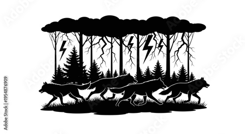 Dogs Running in Forest Storm.