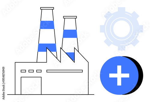 Manufacturing concept. Industrial factory building connected to gears and a plus sign s manufacturing upgrades and progress. Manufacturing for production, technology, factory innovations, industry