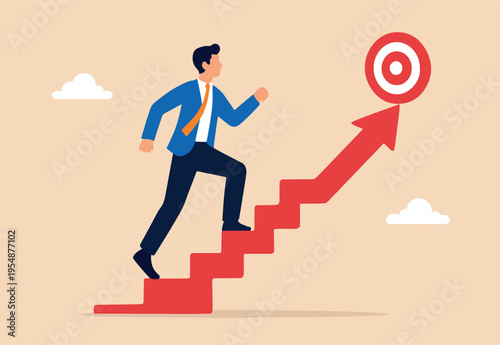 Reach target or progress to reach goal, career step to success, achievement or growth, challenge and motivation to succeed concept, businessman walking up stair with arrow as path to reach goal