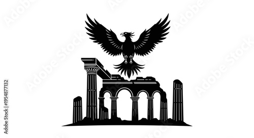 Eagle on Ancient Ruins Silhouette.
