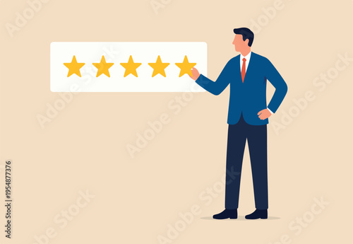 5 Stars review, customer feedback evaluation, best quality or satisfaction, opinion, best rating review concept, customer giving 5 stars rating or customer experience.