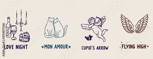 Cute cats and cupid character set, romantic feline pet doodle illustration, valentines day animals hand drawn icons, love cats with bow and arrow, sweet kitten sketches for stickers, funny cupid anima