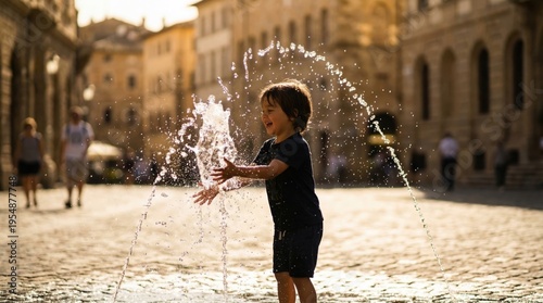 Child playing joyfully in a fountain in a historic square