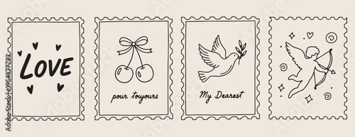 Fotografie Vintage postage stamp design with cherry, peace dove bird illustration set, flo