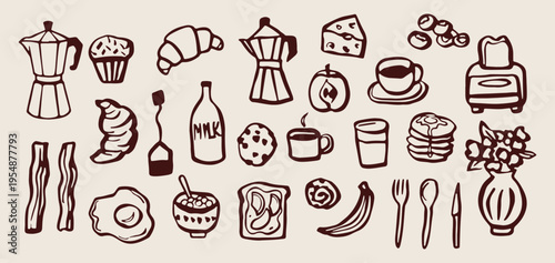 Breakfast food and coffee doodle set, morning cafe icons hand drawn, croissant milk and coffee mug sketches, kitchen cooking ingredients outline collection, tasty bakery items vector icons, healthy br