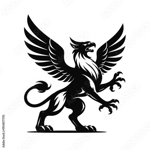 Dynamic black griffin silhouette vector. Mythical lion-eagle creature, aggressive heraldic pose, sharp talons, spread wings. Symbolizes strength, courage, guardianship, wisdom. Ideal for logos, fantas