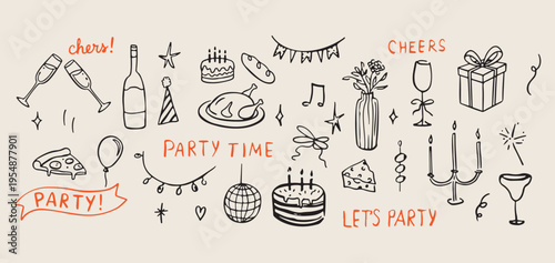 Party Time typography and doodles, hand-drawn celebration elements, rustic line art event icons, vintage party sketch, festive decorations and food, joyful social gathering, fun and celebration illust