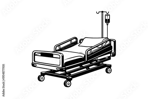 Detailed black and white vector illustration of a modern hospital bed with an adjustable frame, side rails, mattress, and an integrated IV drip stand with a fluid bag, essential for critical patient c