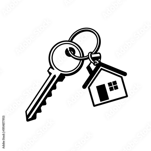 Black and white vector icon of a key and house-shaped keyring charm. Symbolizes home ownership, real estate, new property access, security, and residential dreams. Ideal for conveying success in acqui