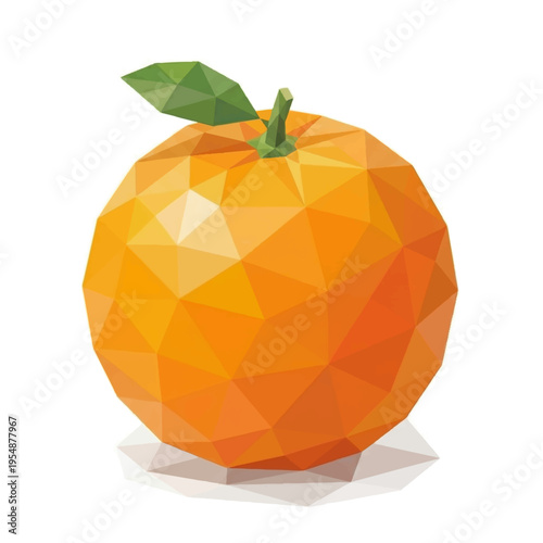 Orange fruit with green leaf in low poly geometric style isolated on white background